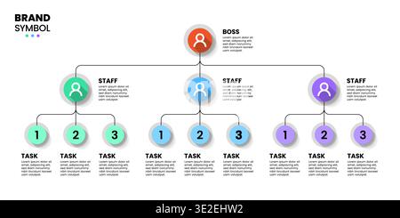 Infographic template. Business hierarchy with 2 levels and tasks. Vector illustration Stock Vector
