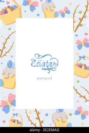 Festive Easter greeting card with decorative Happy Easter text in blue script and pink flower accent, surrounded by colorful border of baskets with eg Stock Photo