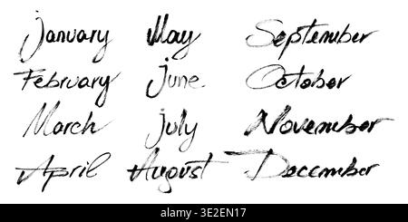 Grunge months names handwritten lettering. 12 months names calligraphy, written with grunge brush stroke. Months of the year typography for planner Stock Vector