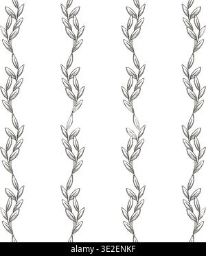Vertical floral stripe seamless pattern with leaf and twig black and white background. Hand drawn vector design in vintage sketch style. Outline print ideal for wallpaper or holiday fabric and paper. Stock Vector