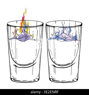 Vector Sambuca shot glowing with abstract flame shape. Fire burning on clear transparent spirits like vodka, gin tonic, tequila. Isolated artwork hand Stock Vector