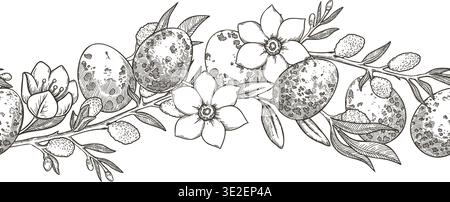 Easter seamless border with white flower and quail eggs in vintage sketch style. Hand drawn vector design of willow and grass. Graphic print ideal for card template. Perfect for spring holiday season. Stock Vector