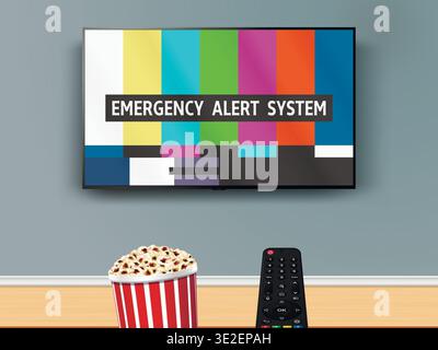 Emergency alert system. Remote control is pointed at the no signal TV on the wall. Failed to watch online tv with remote control and popcorn box. Vect Stock Vector