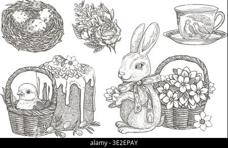 Easter vector outline set with floral bunny and chick in flower basket. Hand drawn vintage illustration with nest of eggs and jasmine bouquet in black and white. Perfect for traditional holiday card. Stock Vector
