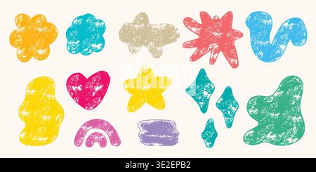 Abstract figures and shapes drawn with colored crayon. Fun, hand drawn, sloppy elements for modern design. Primitive backgrounds in various colors Stock Vector