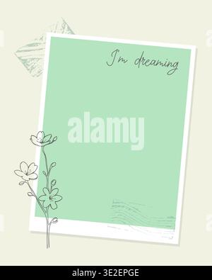 Aesthetic Mint Green Photo Frame with Hand Drawn Flowers and Im Dreaming Lettering for Note or Scrapbooking. Vector illustration Stock Vector