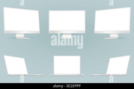 Clean white devices mockup set with blank screen. Computer display and laptop on three sides with white screen. Vector illustration. Stock Vector