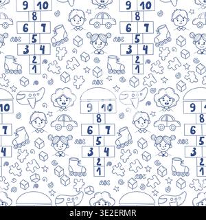 Cute Childhood Playing Seamless Doodle Pattern. Blue Line Art Hopscotch Games, Children Faces, Cars, Planes, and Roller Skates on White Background. Ve Stock Vector