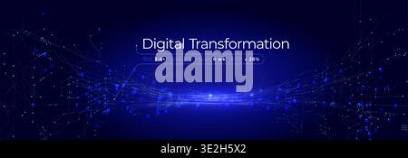 Abstract Digital Transformation AI Neuronal Connection Overflow Light Lines, Blue Neon Glowing Pathway. Innovate Neural Scientific Complex Researching Stock Vector