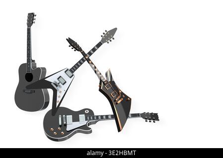 Set of electric and acoustic guitars with unique body shapes isolated on white background, concept of music variety. Stock Photo