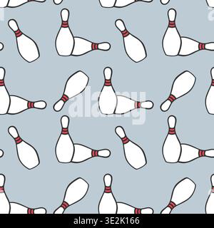 Pattern with hand drawn Bowling Pins with red stripes on blue pastel background for sports design. Vector illustration Stock Vector