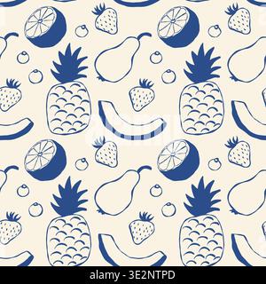 Seamless pattern with hand-drawn fruit sketches in navy on light beige Stock Vector