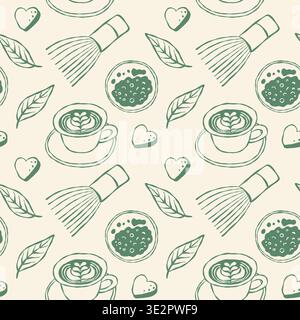 Tea-themed pattern with cups, matcha whisk, leaves, and hearts Stock Vector