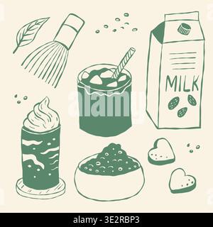 Handdrawn elements include matcha whisk, milk carton, whipped cream Stock Vector