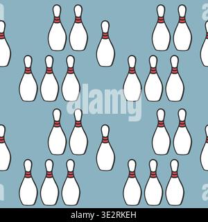 Seamless Pattern with Hand Drawn White Bowling Pins on Blue Background for Sports and Leisure Design. Vector illustration Stock Vector