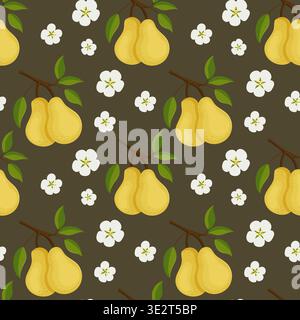 Seamless pattern featuring ripe pears and delicate flowers Stock Vector