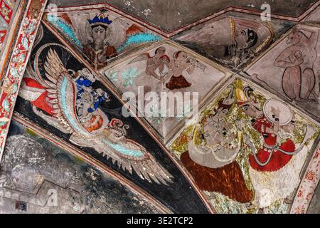 Colourful mythological paintings on the ceiling of an entrance gate of ...