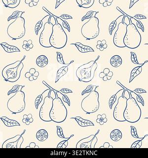 Blue ink sketch of pears, leaves, and blossoms Stock Vector