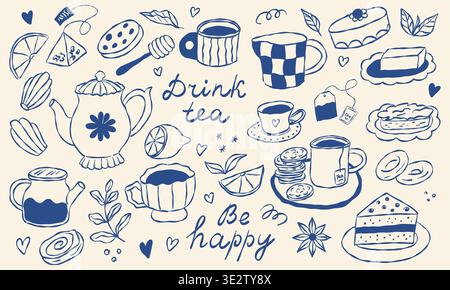 Illustration of tea mugs, teapot, and sweets Stock Vector