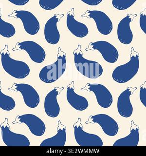 Eggplant silhouette pattern in navy blue on cream Stock Vector