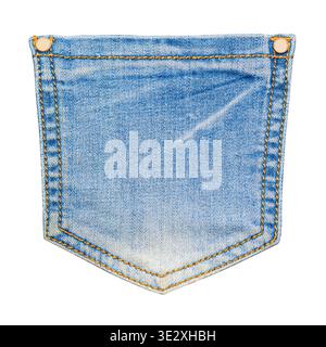 Washed blue denim jean pocket featuring orange stitching and metallic rivets on transparent background Stock Photo