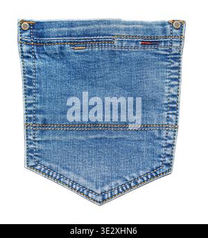 Blue denim pocket from jeans showing textile texture and stitching detail, on transparent background Stock Photo