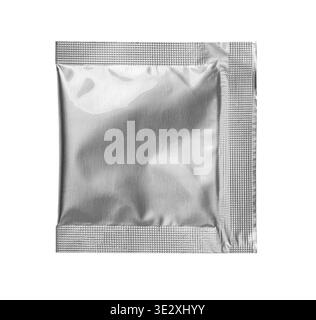 Blank silver flexible aluminum foil sachet packaging pouch isolated with transparent background Stock Photo