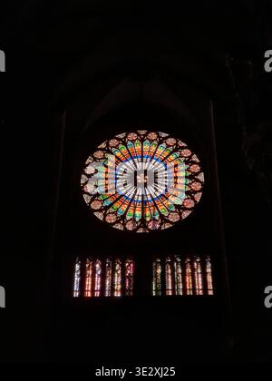 Phone photo of the rose window of Strasbourg Cathedral lit by sunlight. Architectural detail showing Gothic design, stained glass, and dramatic natura Stock Photo