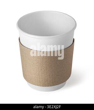 Blank white paper cup for takeaway beverage with brown sleeve Stock Photo