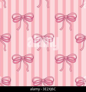 Pattern with pink bows on a striped background Stock Vector