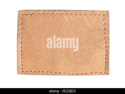 Blank brown leather patch with white stitching, offering copy space on transparent background Stock Photo