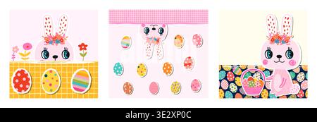Cute vector Easter greeting cards set with pink bunny, basket, flowers and eggs in flat style for kids and baby designs Stock Vector