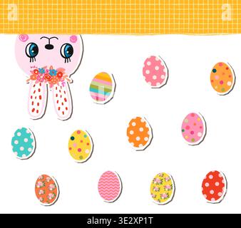 Vector Easter background with pink bunny and colorful eggs, Funny spring design, banner or greeting card Stock Vector