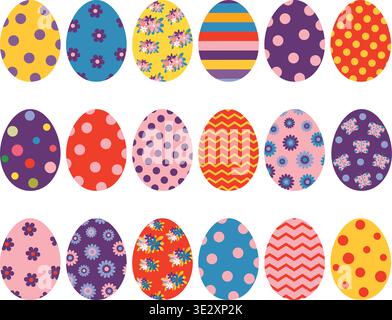 Colorful vector Easter eggs with flowers, dots and patterns for graphic design and backgrounds Stock Vector