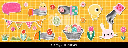 Fun cute Easter vector half tone collage with basket with eggs, chicken, flowers, hands holding eggs, bunny Stock Vector