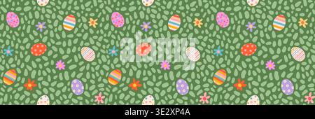 Easter eggs with different patterns and grass seamless vector pattern, Cute colorful background for Easter egg hunt banners Stock Vector