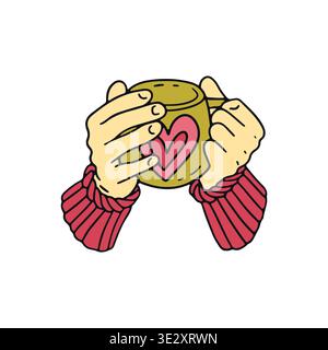 Hand drawn hygge doodle hand holding coffee cup or tea mug icon vector illustration. Cozy hot beverage break clipart Stock Vector
