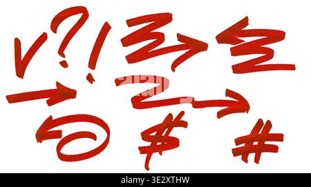 Red marker drawing various arrows, symbols, and check marks on white background Stock Photo
