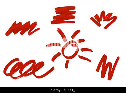 Red marker strokes, scribbles, and a sun drawing on a white background Stock Photo