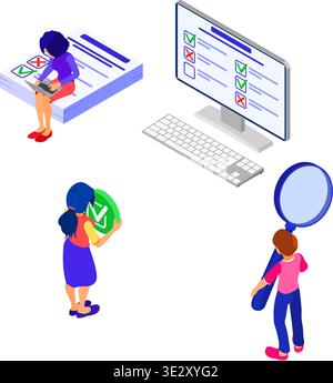 Online survey or test banner with isometric characters. feedback online chat. questionnaire form on screen computer. survey research. isometric vector Stock Vector