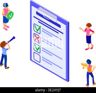 Survey or test banner with isometric characters. feedback rating. man and woman questionnaire form on clipboard. survey research. isolated isometric v Stock Vector