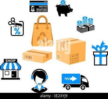 Internet Shopping Concept infographics with Two Color Icons Set such as store, delivery, sale. Isolated vector illustration Stock Vector