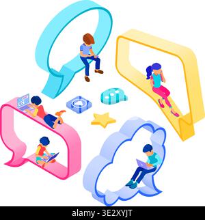 isometric guy and girl chat in social networks on speech bubble send messages photo selfie call using laptop and phone. Online dating friendship love Stock Vector