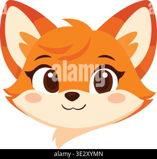 Adorable illustration of a fox face portrait with large shiny eyes pointed ears and a cheerful expression. Stock Vector