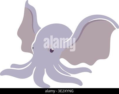 Cute illustration of a soft purple octopus with rounded head large fins and gently spread tentacles. Stock Vector