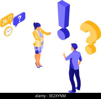 Online isometric customer support banner. Mobile call center with female consultant, headset, rating icons. FAQ. questions and answers. landing page. Stock Vector