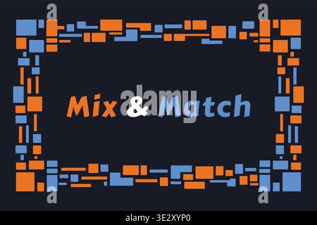 Decorative title card illustration featuring mix and match text centered inside a colorful mosaic block border on a dark background. Stock Vector