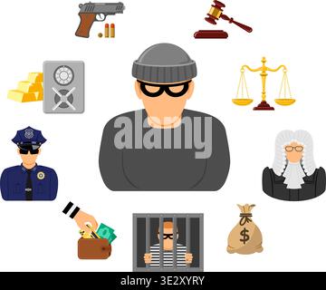 Crime and Punishment Infographics in Flat style icons such as Thief, Money, Gavel, Scales, Policeman, Judge, Handcuffs and Prison. Vector illustration Stock Vector