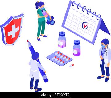 time to vaccinate isometric icons with syringe vaccine bottle calendar vaccination concept banner with doctor nurse in mask isolated vector illustrati Stock Vector