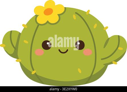 Playful illustration of a round green cactus character with a smiling face small arms and a yellow flower on top. Stock Vector